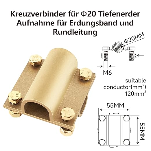 Nucraft Tiefenerder V4A Edelstahl Erder Erdung Staberder Blitzableiter Ø20mm umfassen Messing kreuzverbinder, mit Klemme