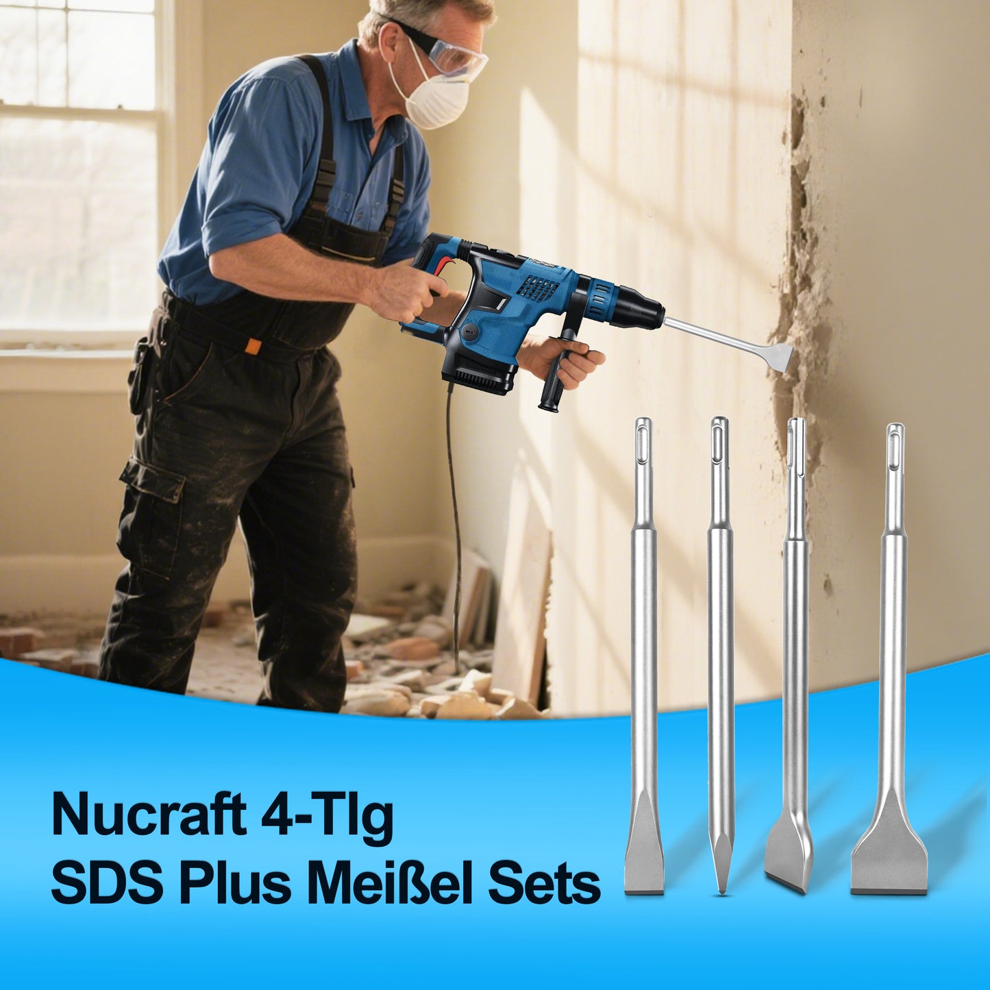 Nucraft SDS Plus Bohrersatz, 4-teiliges Stahlwerkzeugset für Breitmeißel Flachmeißel