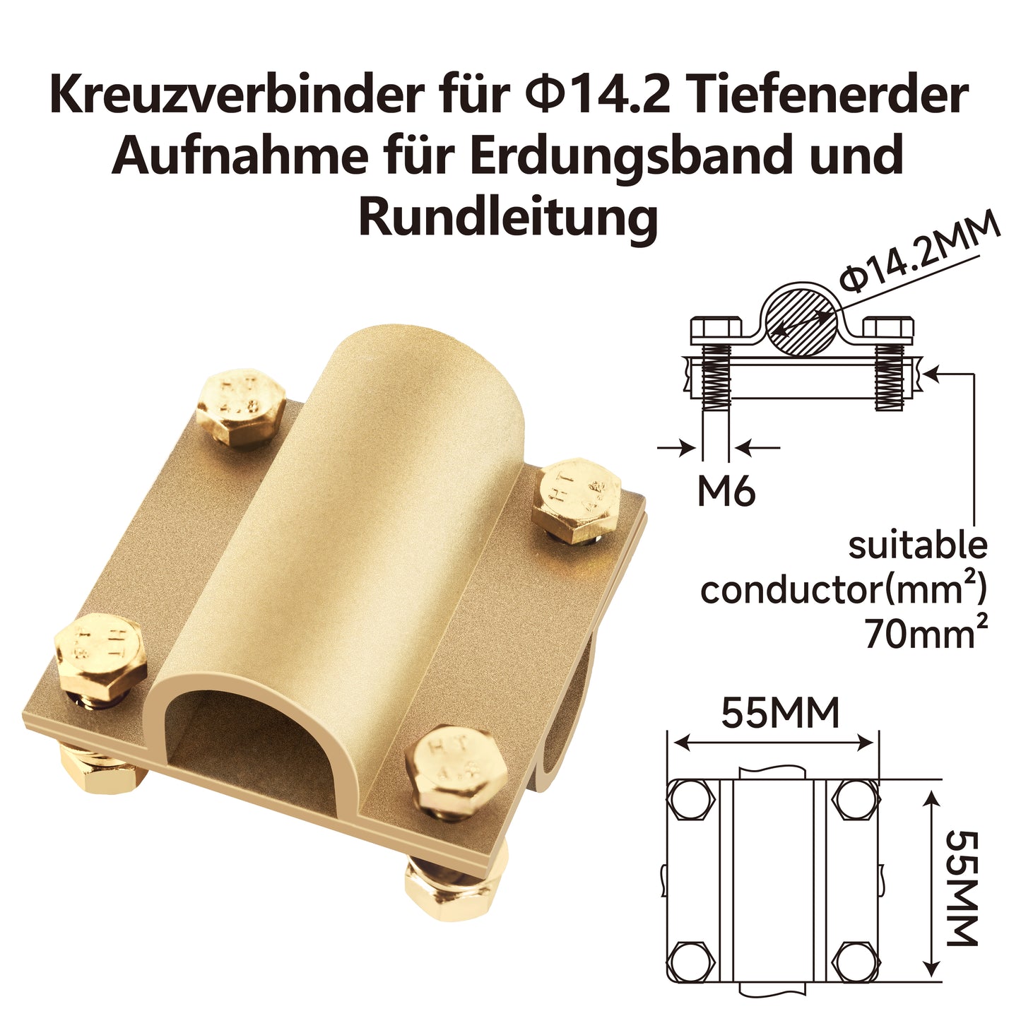 Nucraft Ø14.2mm Messing kreuzverbinder für Blitzschutz Klemme Geeignet70mm²