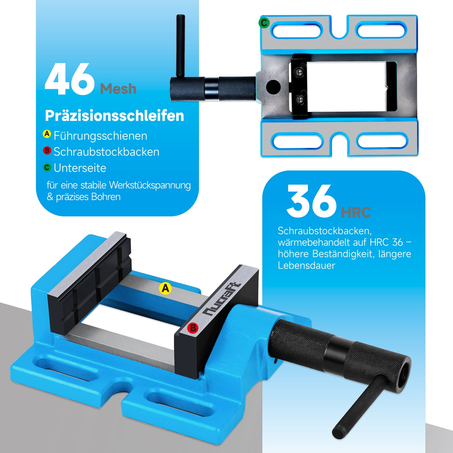 Nucraft Bohrmaschinen-Schraubstock mit Backenbreite 85 mm, und mit Verstellfunktion, die maximale Öffnungsweite beträgt 65 mm