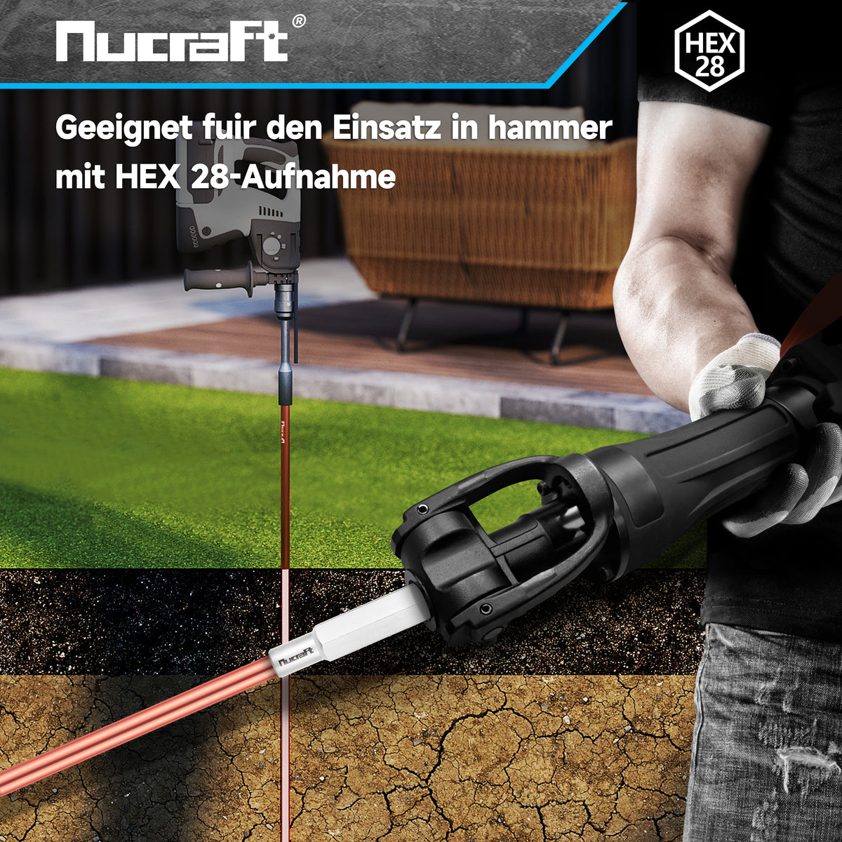 Nucraft HEX28 Ø13,5mm Erdnageleintreiber 22x260mm zum Einstecken von Tiefenerder Erder Erdung Staberder–Jack Hammer Picket Pfosten Driver Treiber