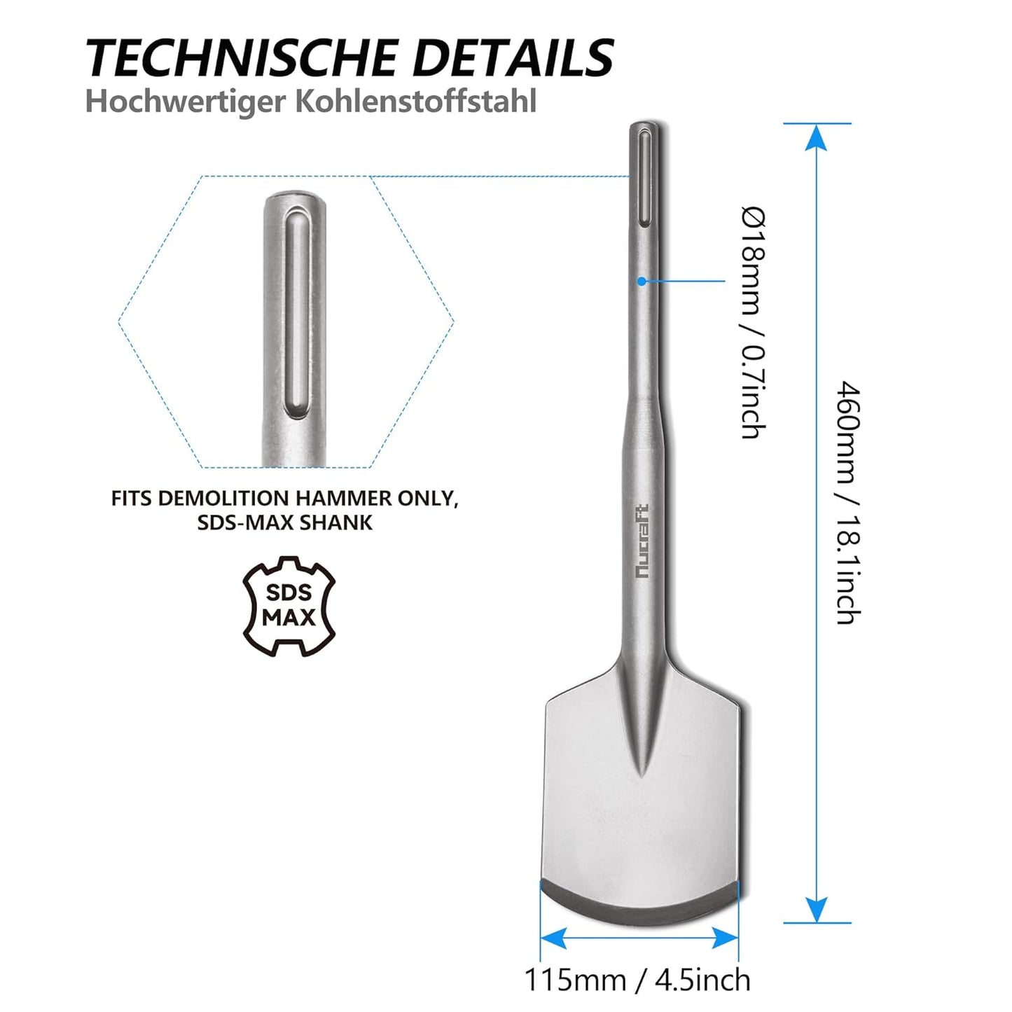 Nucraft SDS MAX Schaufelmeißel 115X460MM, Tonspaten Asphaltmeißel Abstemmen für Abbruchhammern Abtragen von Beton & Mauerwerk