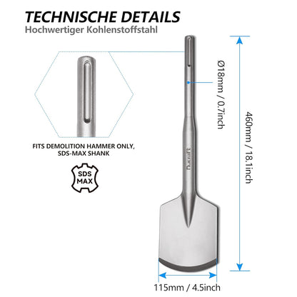 Nucraft SDS MAX Schaufelmeißel 115X460MM, Tonspaten Asphaltmeißel Abstemmen für Abbruchhammern Abtragen von Beton & Mauerwerk