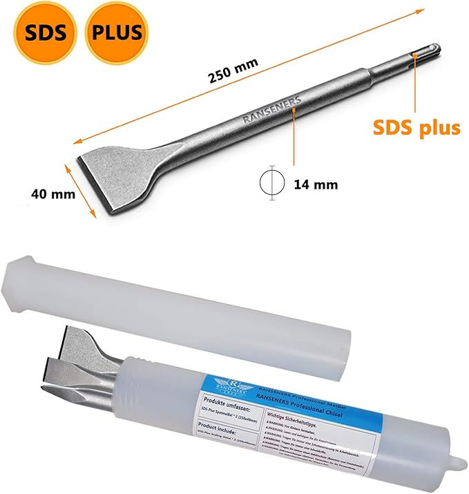 RANSENERS SDS-PLUS Meißel-Set, 3-teilig - Spatmeißel, Spitzmeißel, Flachmeißel, 25cm, universell einsetzbar, Aus supergehärtetem Stahl