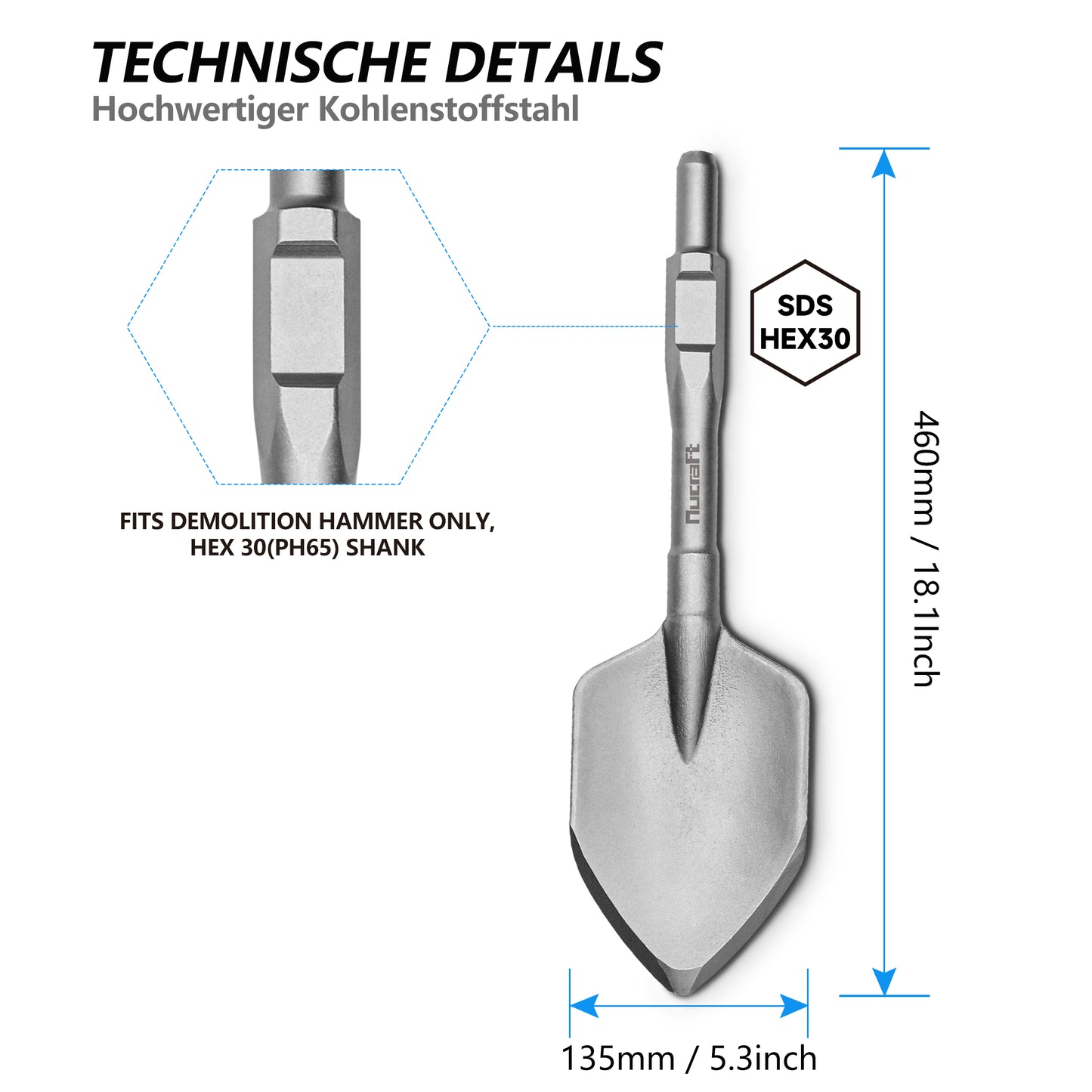 Nucraft SDS HEX Schaufelmeißel, Sechskantschaft Tonspaten Asphaltmeißel Abstemmen