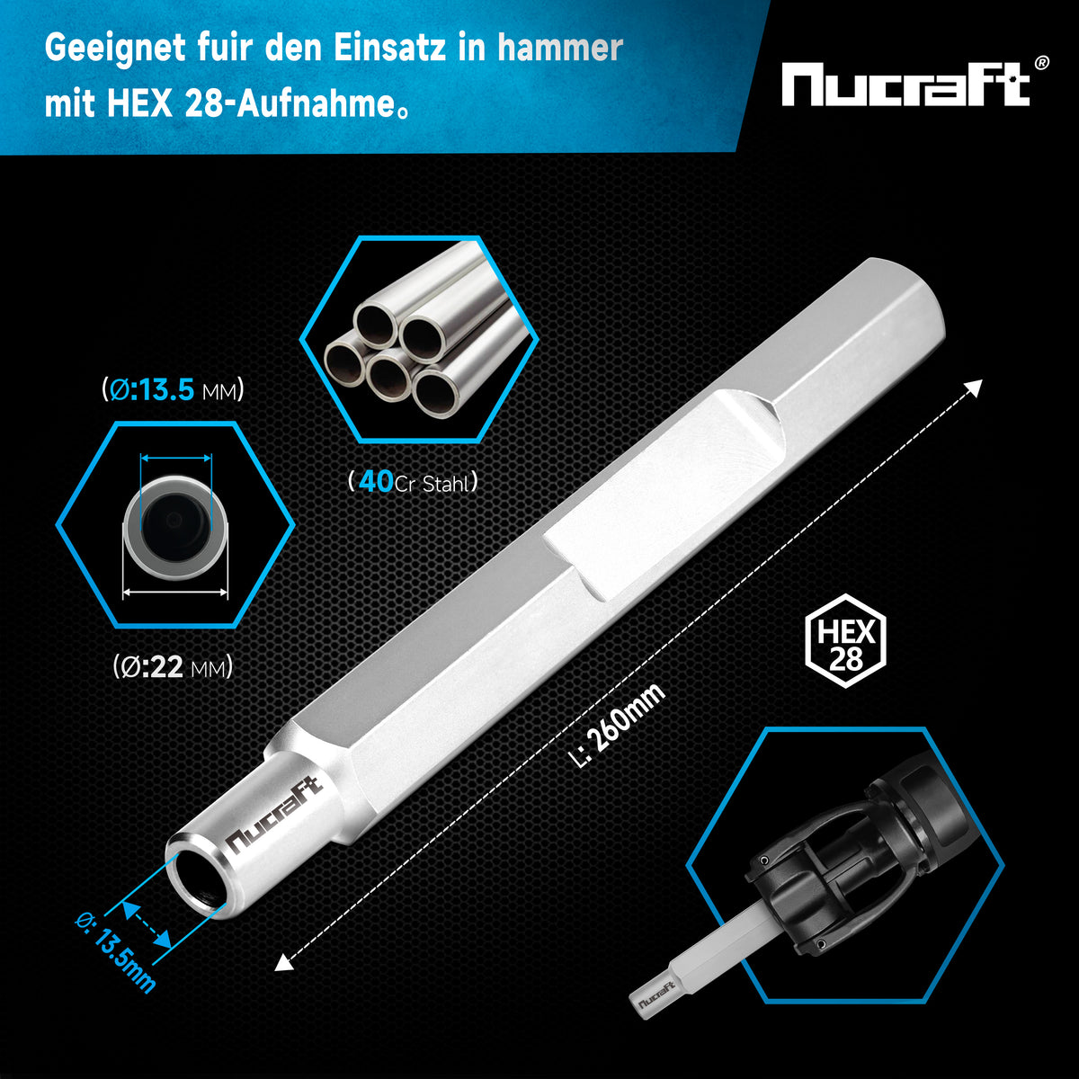 Nucraft HEX28 Ø13,5mm Erdnageleintreiber 22x260mm zum Einstecken von Tiefenerder Erder Erdung Staberder–Jack Hammer Picket Pfosten Driver Treiber