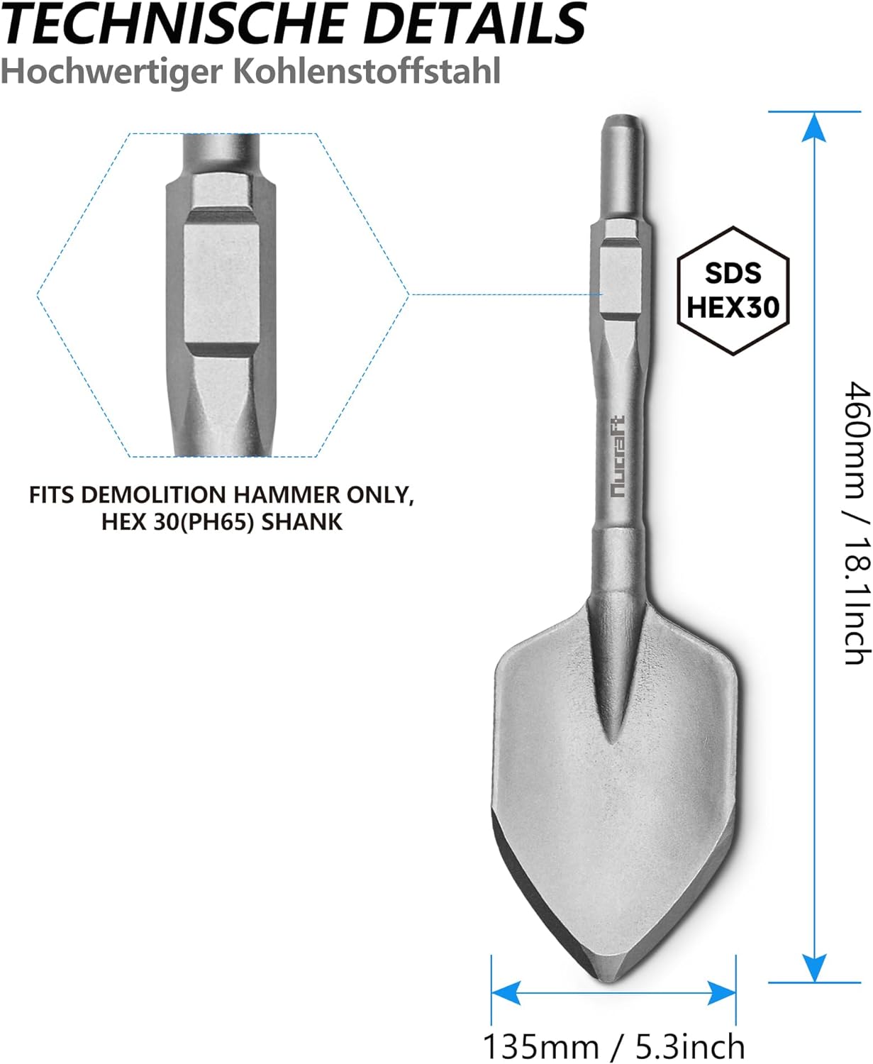 Nucraft SDS HEX Schaufelmeißel 135 x 460 mm Sechskantschaft 30mm, Tonspaten Asphaltmeißel Abstemmen für Abbruchhammern Abtragen von Beton & Mauerwerk