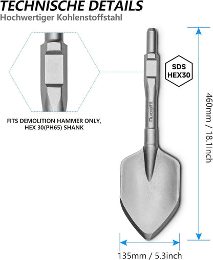 Nucraft SDS HEX Schaufelmeißel 135 x 460 mm Sechskantschaft 30mm, Tonspaten Asphaltmeißel Abstemmen für Abbruchhammern Abtragen von Beton & Mauerwerk