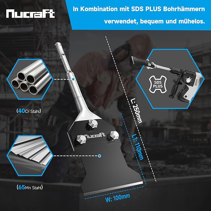 Nucraft Spachtelmeißel SET SDS-Plus 250x100mm Meißel inklusive Ersatzklinge und Schrauben