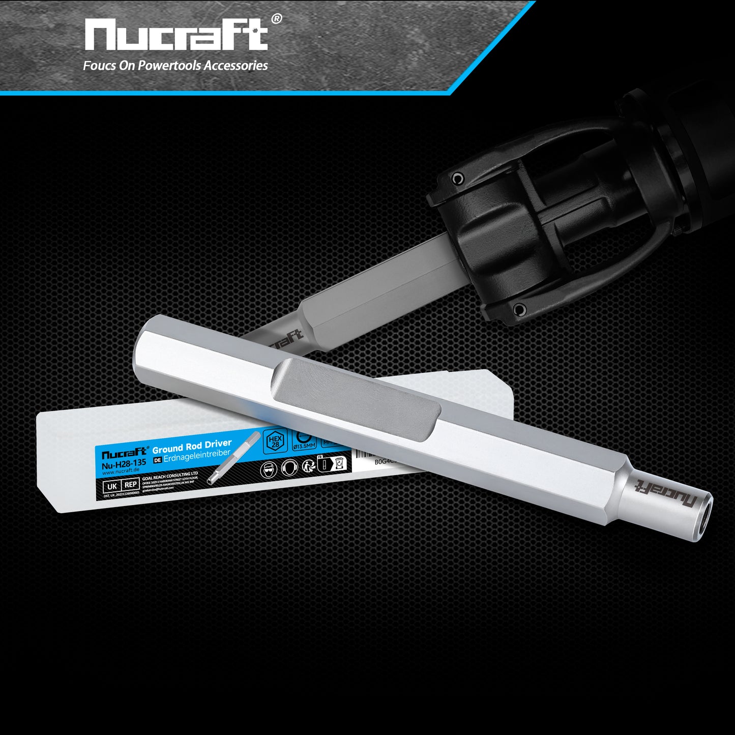 Nucraft HEX28 Ø13,5mm Erdnageleintreiber 22x260mm zum Einstecken von Tiefenerder Erder Erdung Staberder–Jack Hammer Picket Pfosten Driver Treiber