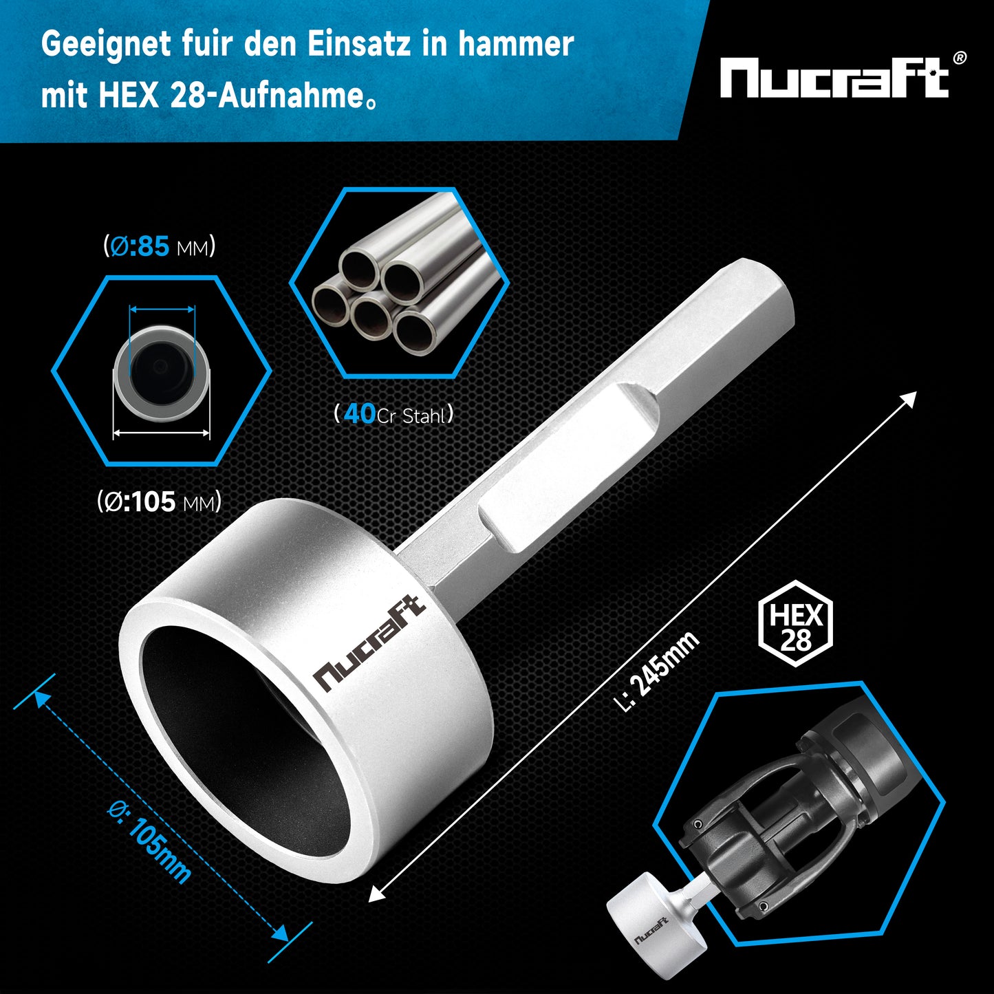 Nucraft HEX28 Ø13,5mm Erdnageleintreiber 22x260mm zum Einstecken von Tiefenerder Erder Erdung Staberder–Jack Hammer Picket Pfosten Driver Treiber