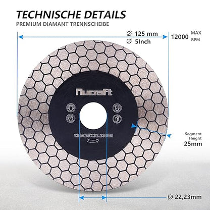 Nucraft Disque à tronçonner diamanté de qualité supérieure - 125 mm - Pour carrelage et grès cérame - 125 mm x 22,23 mm - Extra fin