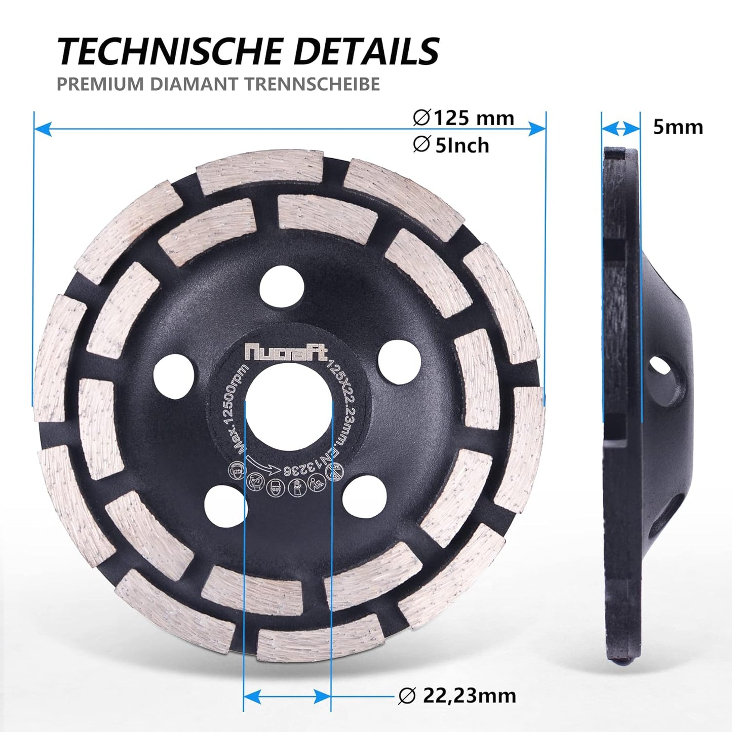 Nucraft Premium Diamant-Schleiftopf 125 mm x 22,23 mm Schleifscheibe doppelreihig für Beton, Gips, Granit, Harz, Fliesenkleber, Naturstein usw