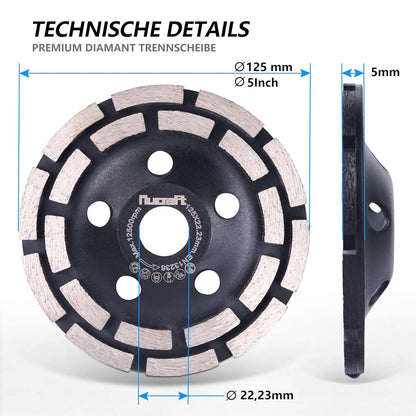 Nucraft Premium Diamant-Schleiftopf 125 mm x 22,23 mm Schleifscheibe doppelreihig für Beton, Gips, Granit, Harz, Fliesenkleber, Naturstein usw