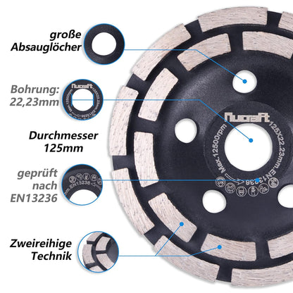 Nucraft Premium Diamant-Schleiftopf 125 mm x 22,23 mm Schleifscheibe doppelreihig für Beton, Gips, Granit, Harz, Fliesenkleber, Naturstein usw