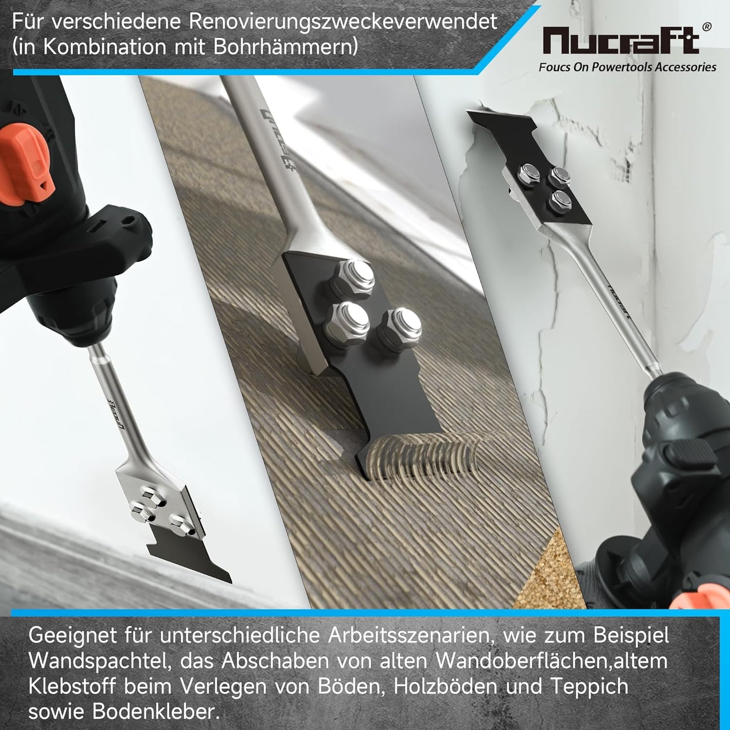 Nucraft Spachtelmeißel SDS-Plus230x50 mm, Bodenschaber für Abziehen von Fußbodenkleber, Teppich, Linoleum, Fliesenkleber, PVC-Fliesen, Farbe