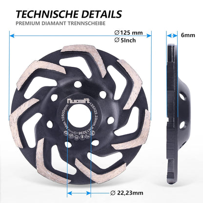 Nucraft Profi Diamant-Schleiftopf Abrasiv 125 mm x 22,23 mm Schleifteller Estrich, Asphalt, Putz, Beton abrasive Baustoffe Naturstein usw