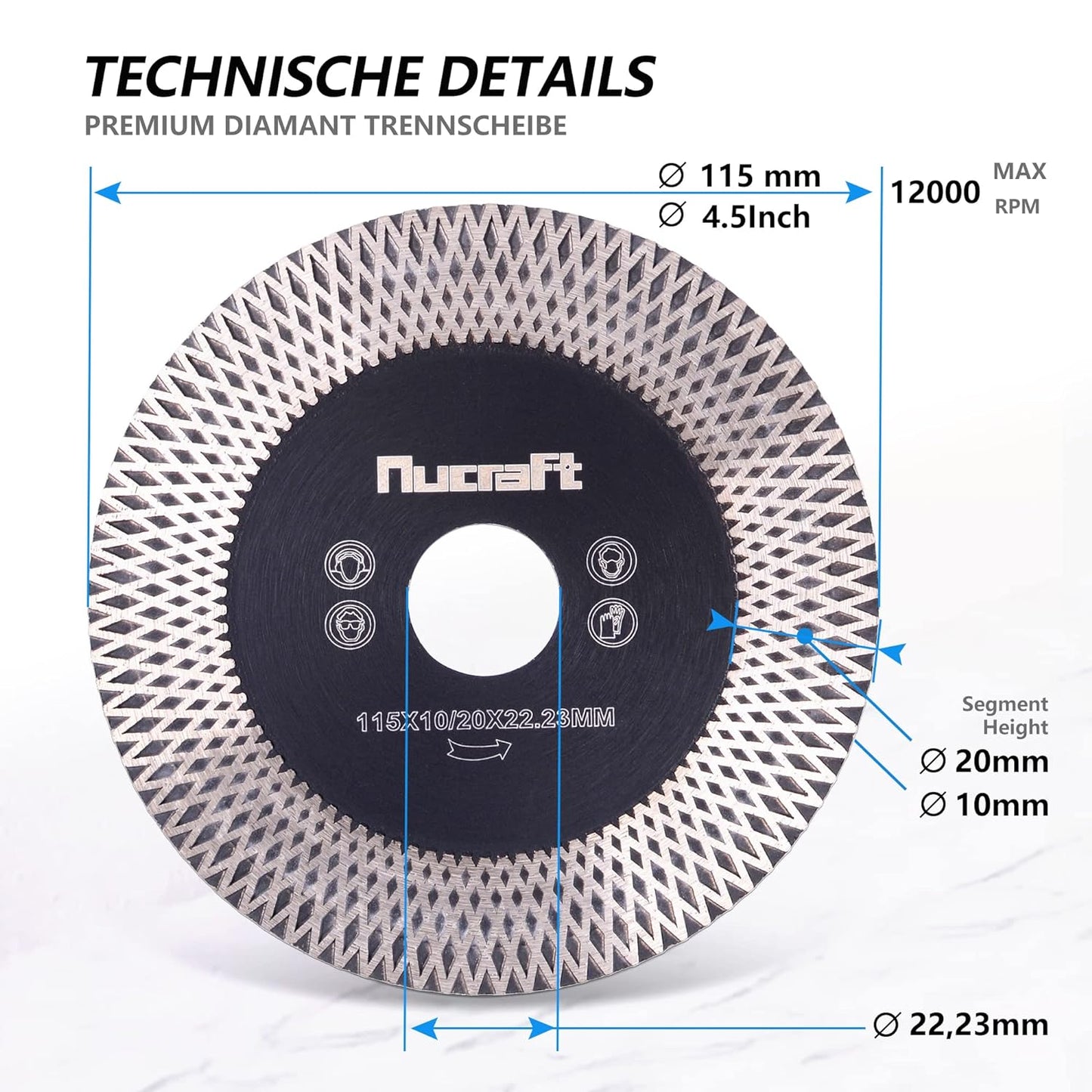 Nucraft Premium Diamant Trennscheibe 115/125mm für Fliese und Feinsteinzeug 115/125 mm x 20/10 x 22,23 mm extra dünn Fliesenscheibe