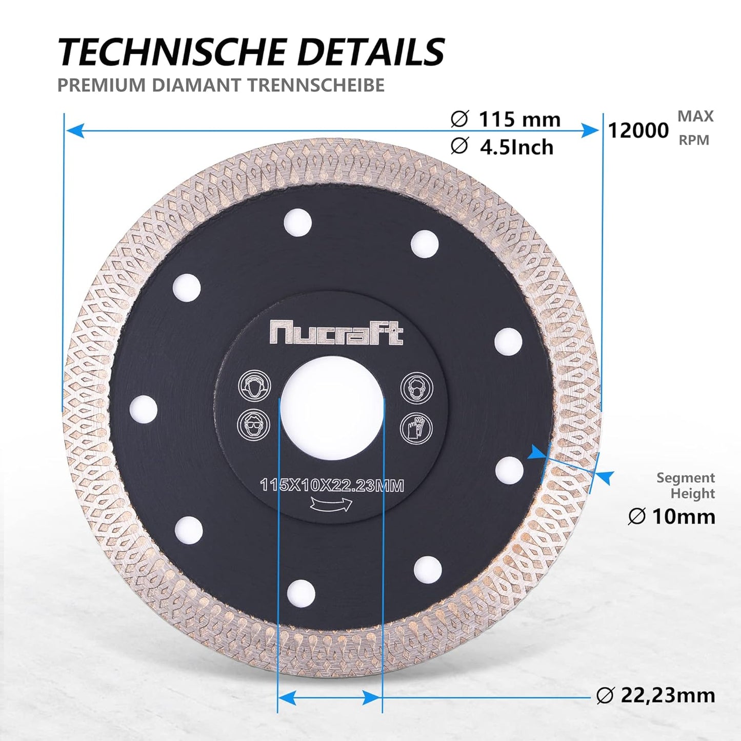 Nucraft Premium Diamant Trennscheibe 115/125mm für Fliese und Feinsteinzeug 115/125 mm x 22,23 mm extra dünn Fliesenscheibe