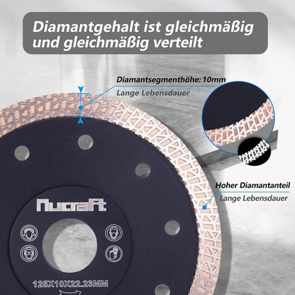 Nucraft Premium Diamant Trennscheibe 125mm für Fliese und Feinsteinzeug 125 mm x10mm x 22,23 mm extra dünne Fliesenscheibe 