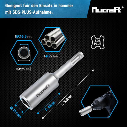 Nucraft SDS-PLUS Professional Erdnageleintreiber zum Einstecken von Tiefenerder Erder Erdung Staberder, L:100 mm, Innen Ø13.5mm, Ø16.5mm,Ø20.5mm