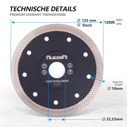 Nucraft Premium Diamant Trennscheibe 115/125mm für Fliese und Feinsteinzeug 115/125 mm x 22,23 mm extra dünn Fliesenscheibe