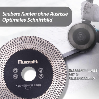 Nucraft Premium Diamant Trennscheibe 115/125mm für Fliese und Feinsteinzeug 115/125 mm x 20/10 x 22,23 mm extra dünn Fliesenscheibe