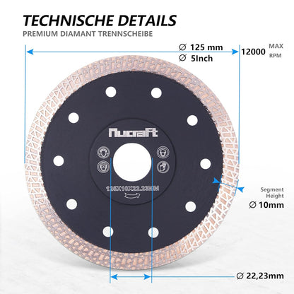 Nucraft Premium Diamant Trennscheibe 125mm für Fliese und Feinsteinzeug 125 mm x10mm x 22,23 mm extra dünne Fliesenscheibe 