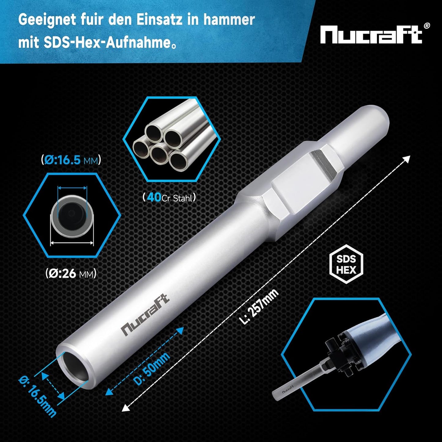 Nucraft SDS-HEX Professional Erdnageleintreiber zum Einstecken von Tiefenerder Erder Erdung Staberder, L:257 mm, Innen Ø13.5mmØ16.5mmØ20.5mm