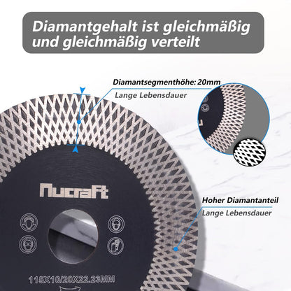 Nucraft Premium Diamant Trennscheibe 115/125mm für Fliese und Feinsteinzeug 115/125 mm x 20/10 x 22,23 mm extra dünn Fliesenscheibe