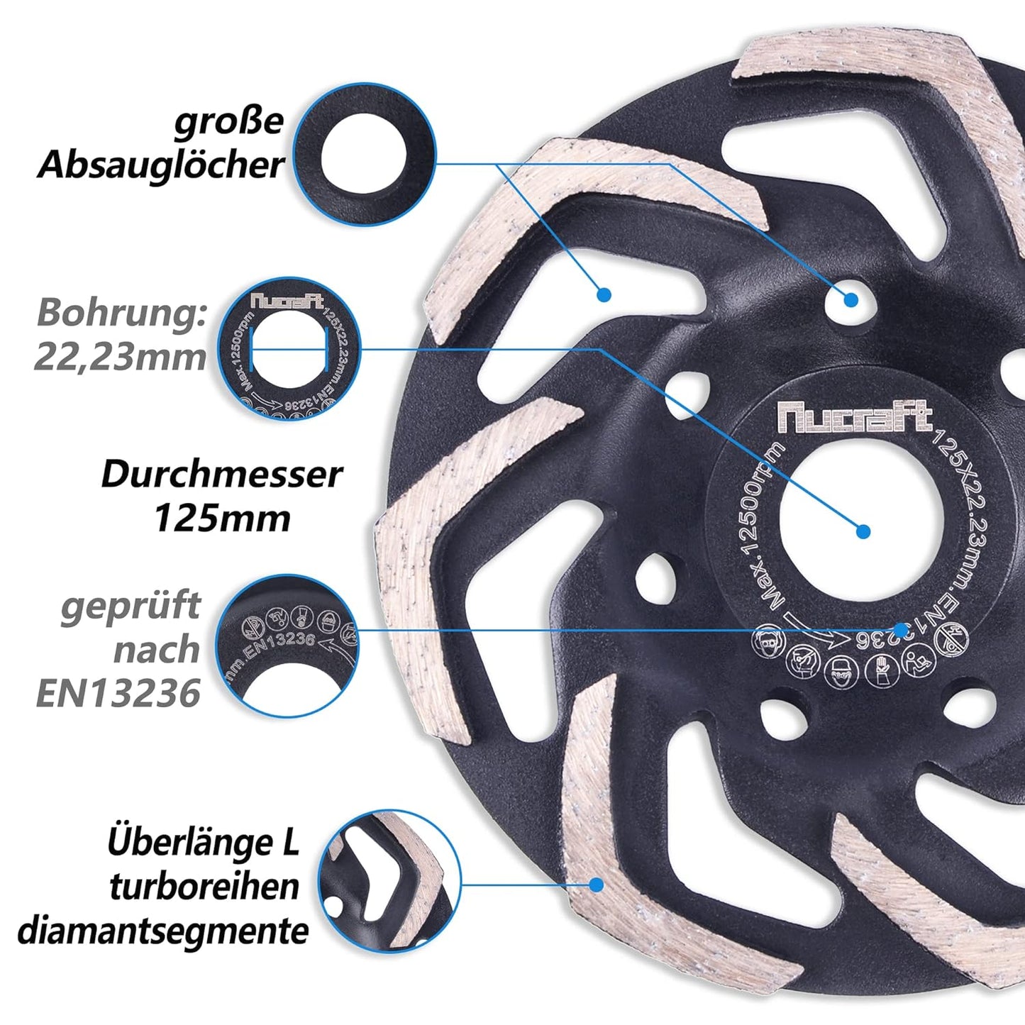 Nucraft Profi Diamant-Schleiftopf Abrasiv 125 mm x 22,23 mm Schleifteller Estrich, Asphalt, Putz, Beton abrasive Baustoffe Naturstein usw