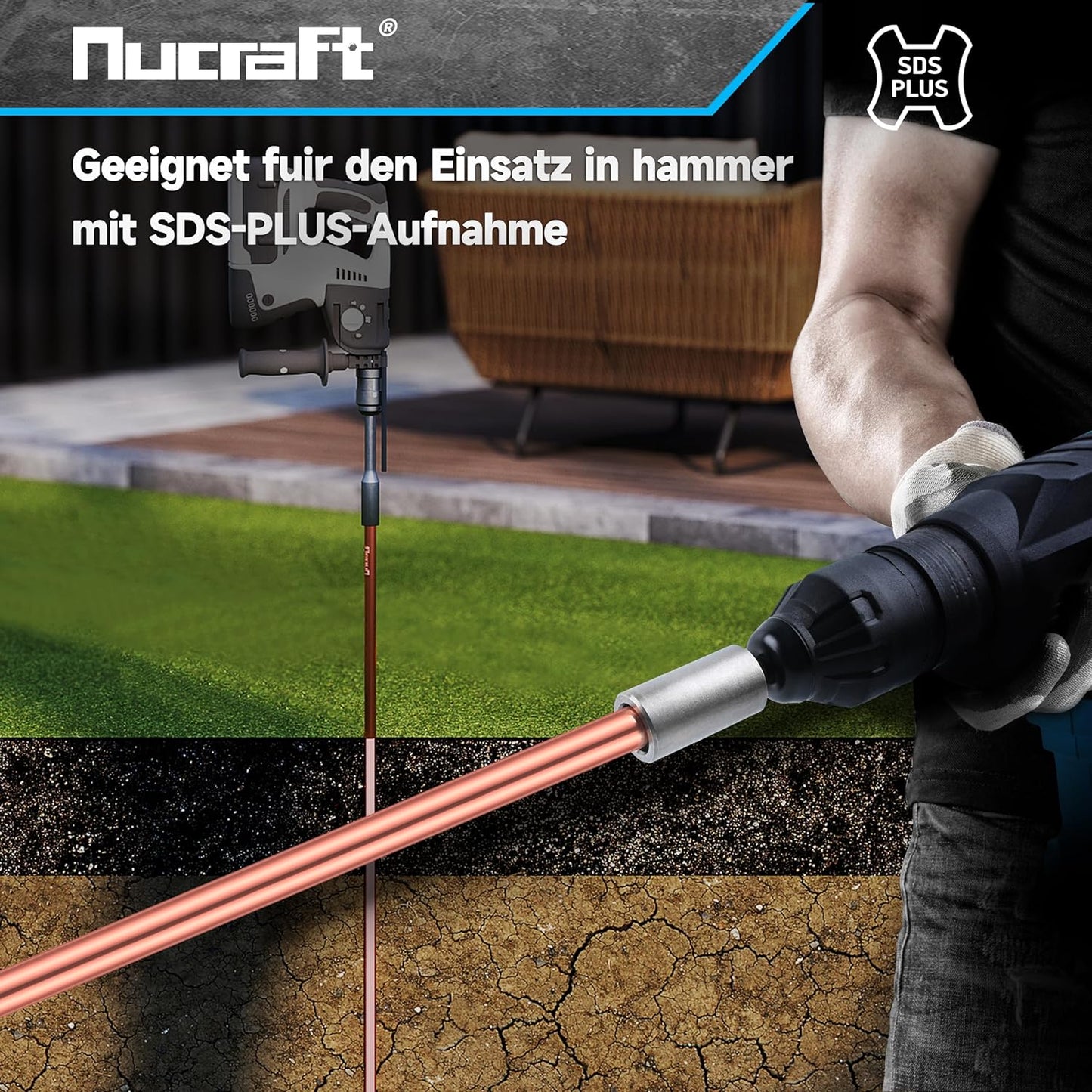 Nucraft SDS-PLUS Professional Erdnageleintreiber zum Einstecken von Tiefenerder Erder Erdung Staberder, L:100 mm, Innen Ø13.5mm, Ø16.5mm,Ø20.5mm