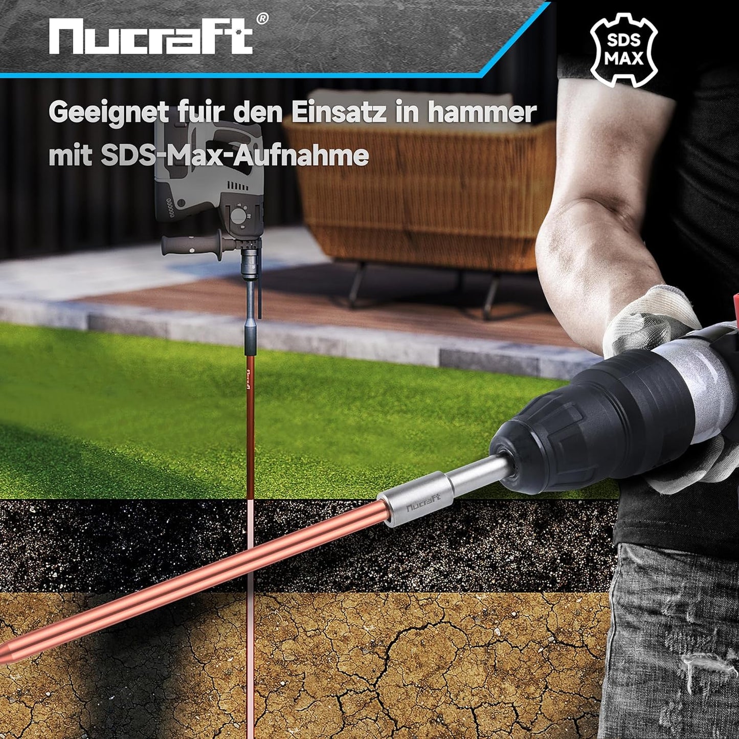 Nucraft SDS-MAX Professional Erdnageleintreiber zum Einstecken von Tiefenerder Erder Erdung Staberder, L:162mm, Innen Ø13.5mm,Ø16.5mm,Ø20.5mm