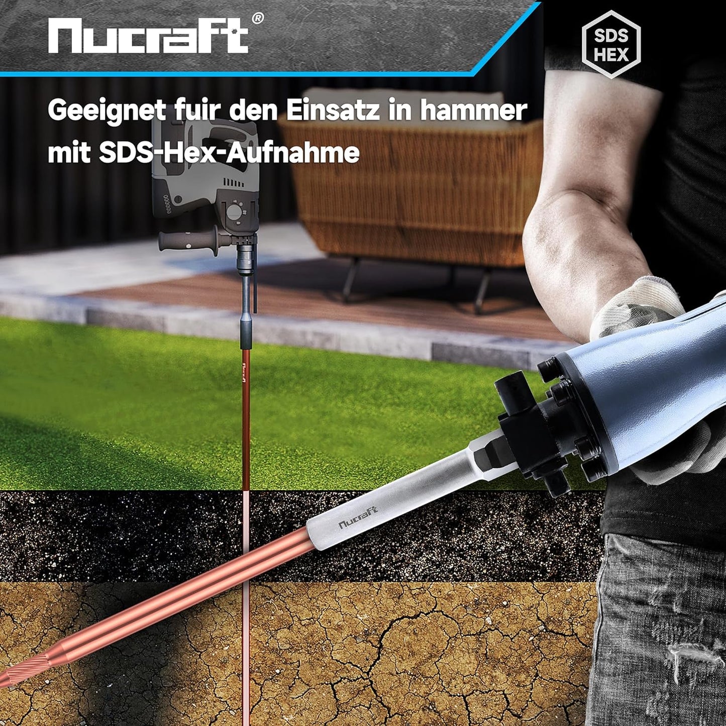 Nucraft SDS-HEX Professional Erdnageleintreiber zum Einstecken von Tiefenerder Erder Erdung Staberder, L:257 mm, Innen Ø13.5mmØ16.5mmØ20.5mm