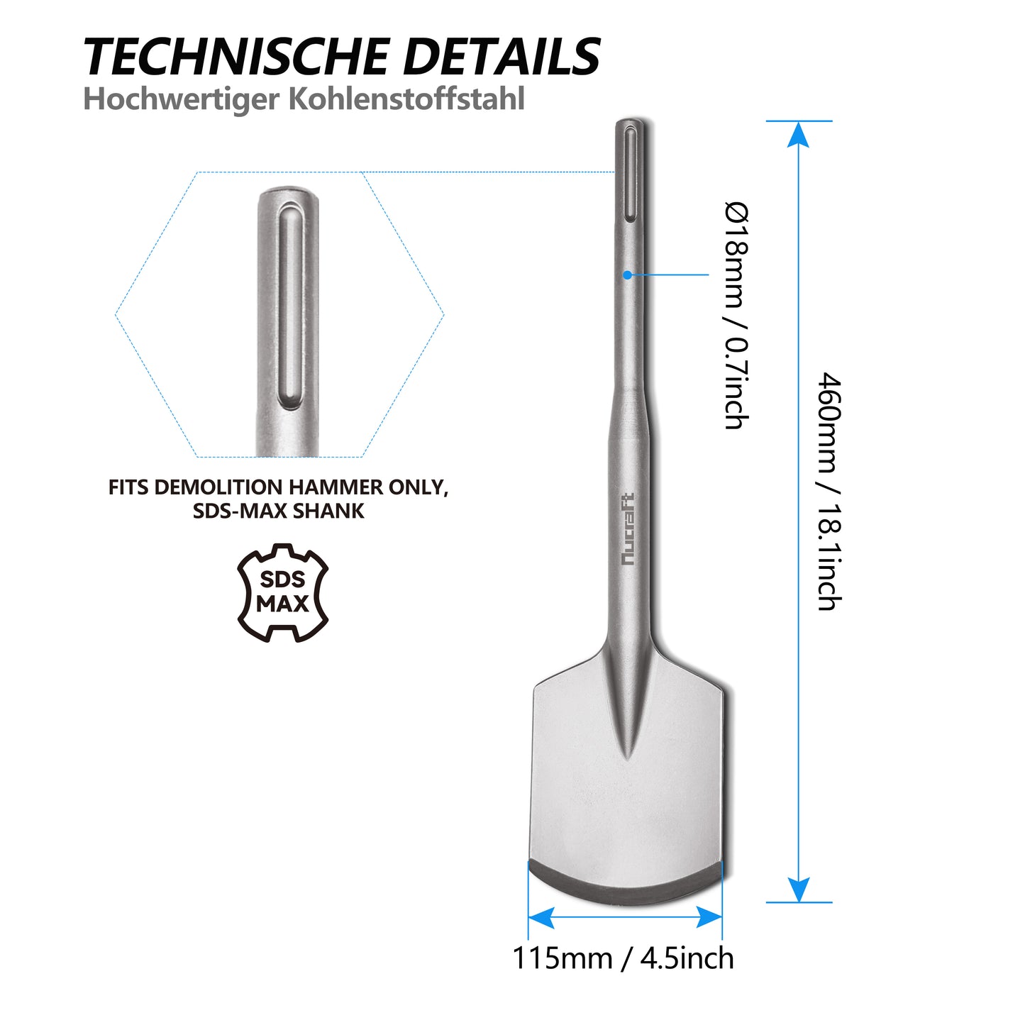 Nucraft SDS HEX/MAX Schaufelmeißel, Tonspaten Asphaltmeißel Abstemmen
