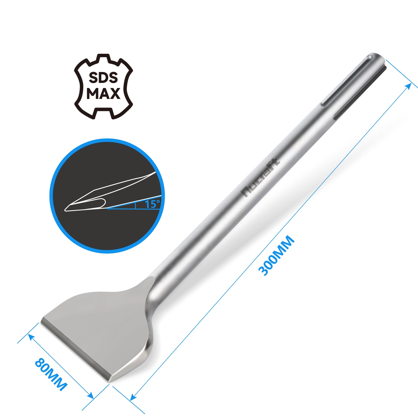 Nucraft SDS-Max Fliesenmeißel 300x80mm 15° Abgewinkelt Supergeh. Stahl, für das Effiziente Entfernen von Fliesen, Beton und Kleberesten