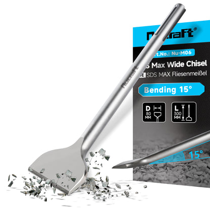 Nucraft SDS-Max Fliesenmeißel 300x80mm 15° Abgewinkelt Supergeh. Stahl, für das Effiziente Entfernen von Fliesen, Beton und Kleberesten