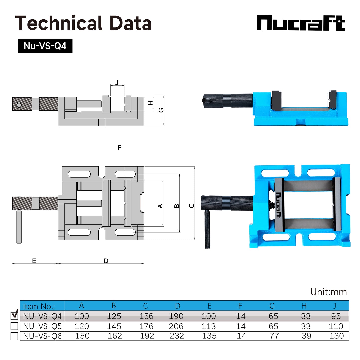 Nucraft Vertikaler und horizontaler Bohrmaschinen-Schraubsmit Backenbreite 100 mm, und mit Verstellfunktion, die maximale Öffnungsweite beträgt 95 mm