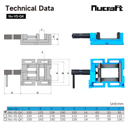 Nucraft Vertikaler und horizontaler Bohrmaschinen-Schraubsmit Backenbreite 100 mm, und mit Verstellfunktion, die maximale Öffnungsweite beträgt 95 mm