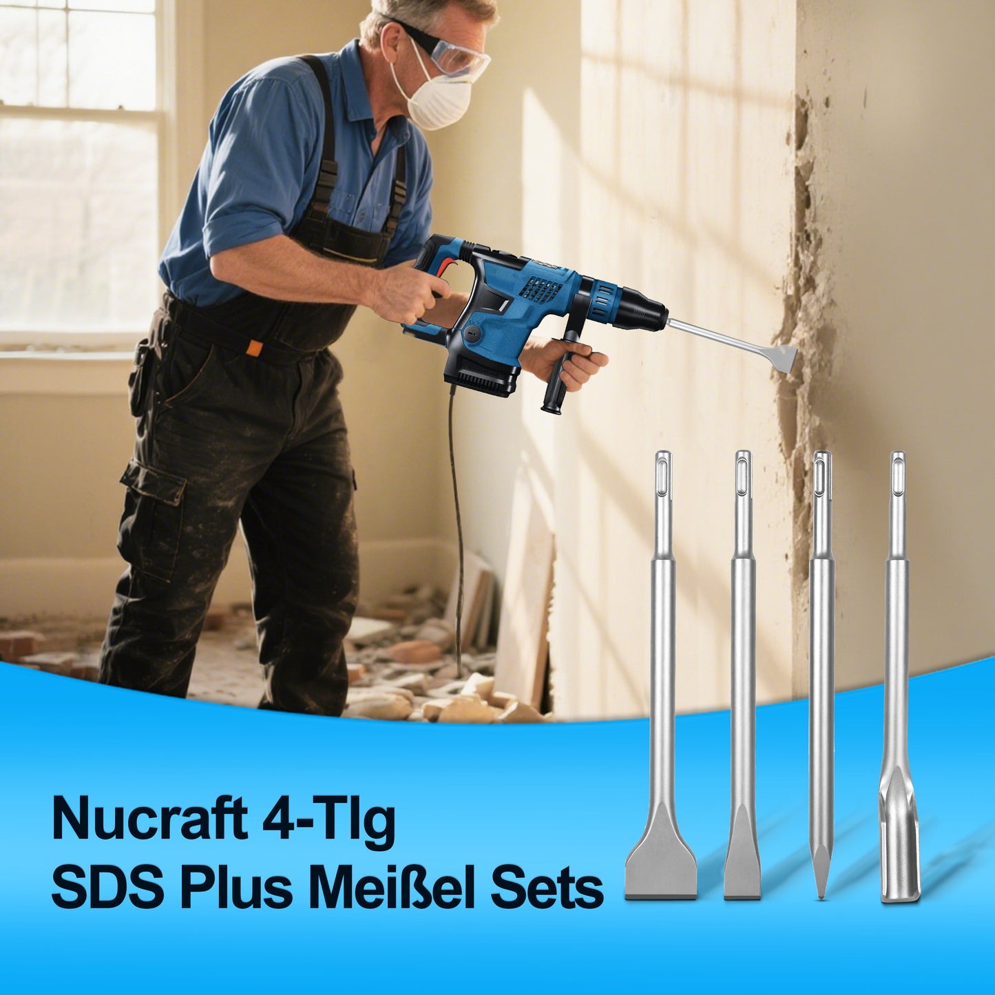 Nucraft SDS Plus Bohrersatz 4-teiliges Stahlwerkzeugset für Breitmeißel, Flachmeißel, Spitzmeißel und Hohlmeißel