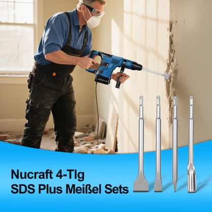 Nucraft SDS Plus Bohrersatz 4-teiliges Stahlwerkzeugset für Breitmeißel, Flachmeißel, Spitzmeißel und Hohlmeißel