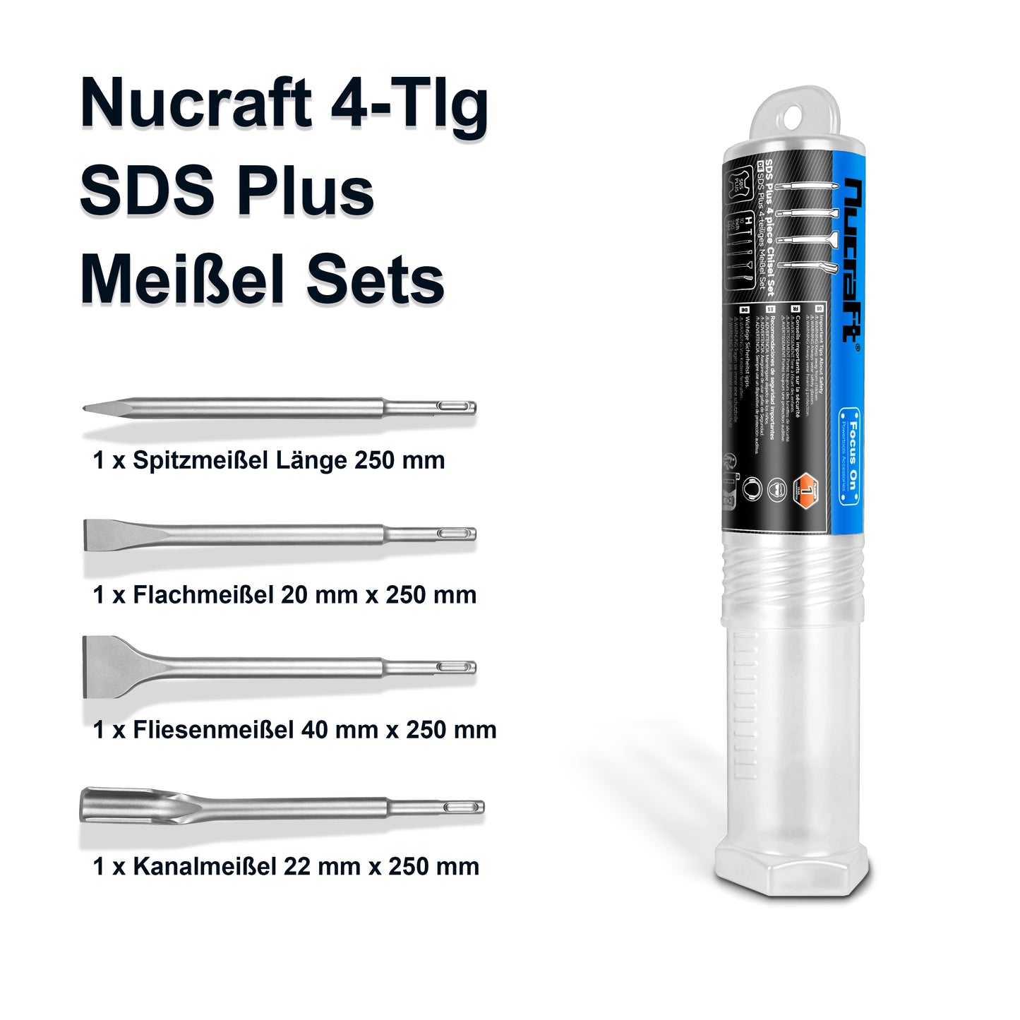 Nucraft SDS Plus Bohrersatz 4-teiliges Stahlwerkzeugset für Breitmeißel, Flachmeißel, Spitzmeißel und Hohlmeißel