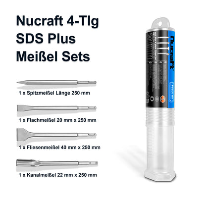 Nucraft SDS Plus Bohrersatz 4-teiliges Stahlwerkzeugset für Breitmeißel, Flachmeißel, Spitzmeißel und Hohlmeißel