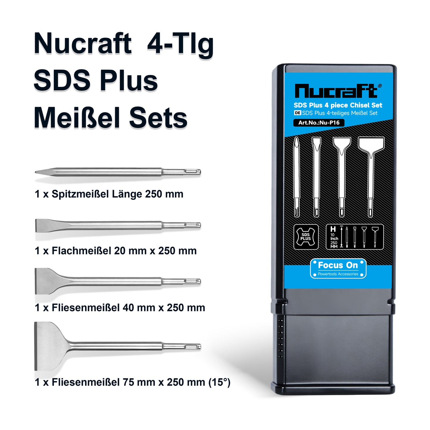Nucraft SDS Plus Bohrersatz, 4-teiliges Stahlwerkzeugset für Breitmeißel, Flachmeißel, Spitzmeißel