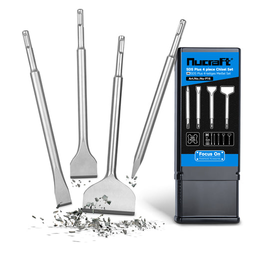 Nucraft SDS Plus Bohrersatz, 4-teiliges Stahlwerkzeugset für Breitmeißel, Flachmeißel, Spitzmeißel