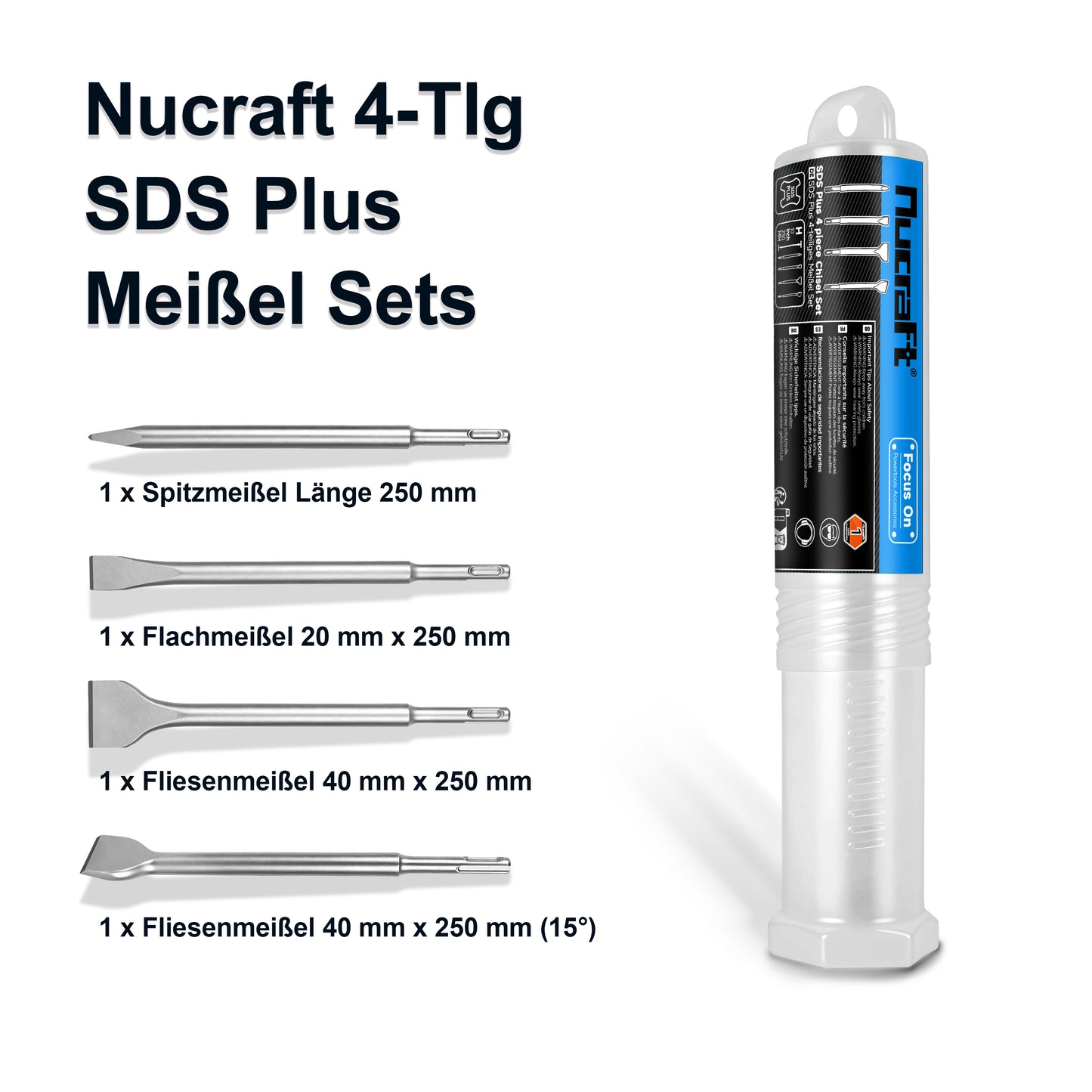 Nucraft SDS Plus Bohrersatz 4-teiliges Stahlwerkzeugset für Breitmeißel, Flachmeißel, Spitzmeißel und Hohlmeißel